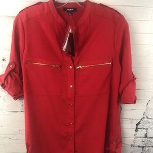 Red Button Down Zipper Blouse